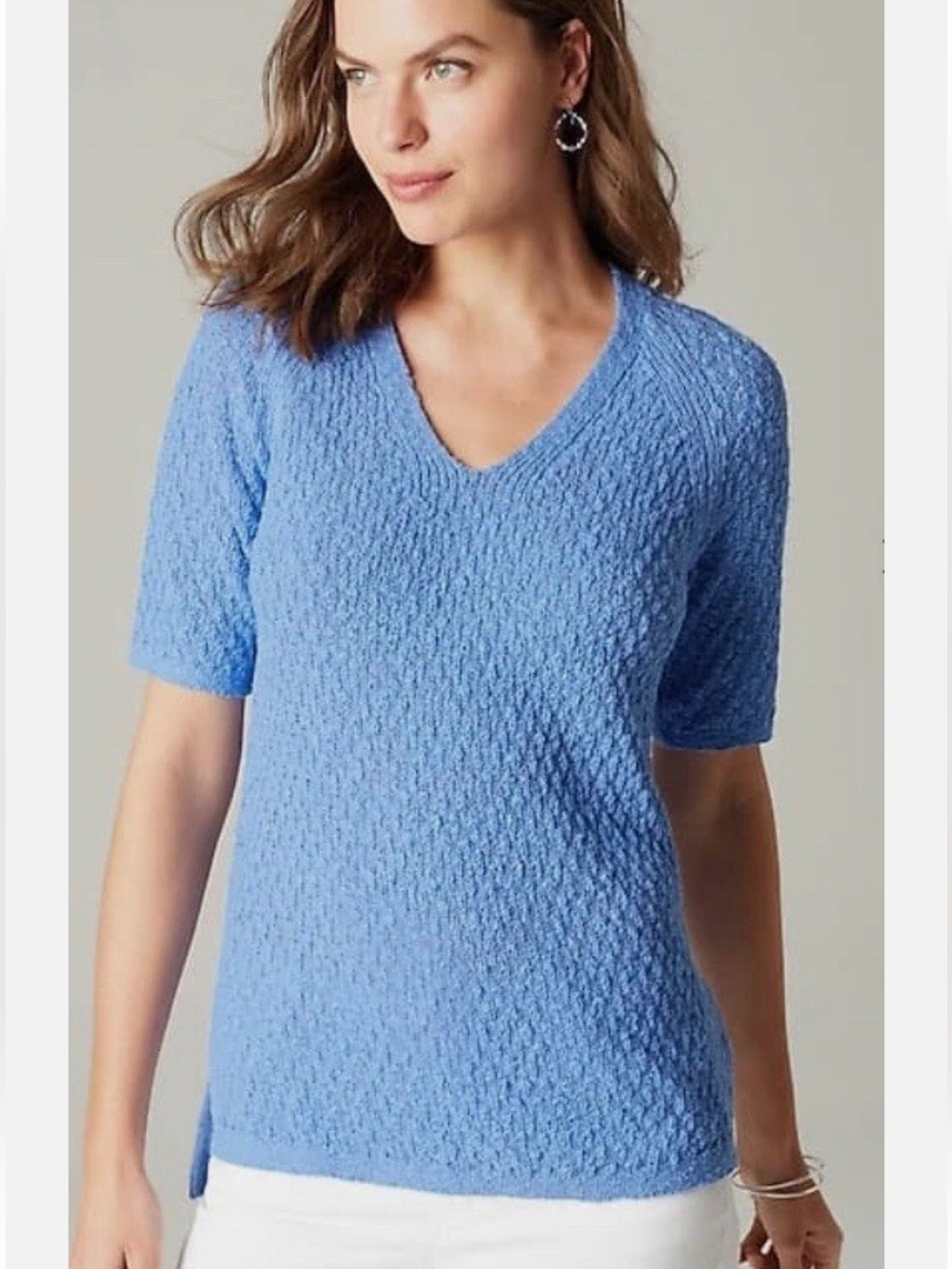 J. Jill Womens Light Blue V-Neck Short Sleeve Sweater